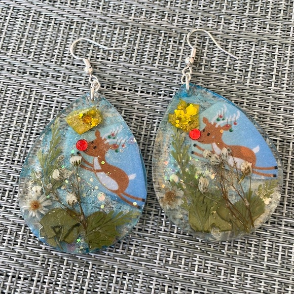 XMAS Pressed Flower Handmade Large Holiday Earrings Blue Rudolph Hexagon - Picture 10 of 11